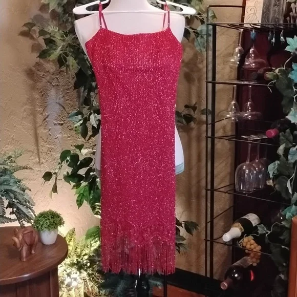 City Triangles | Dresses | Elegant Red And Silver Metallic Knit Dress With  Fringe | Poshmark